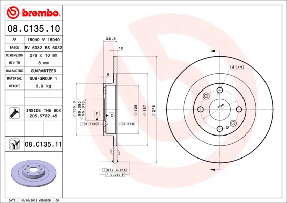 Juego de 2 discos de frenos BREMBO 08.C135.10