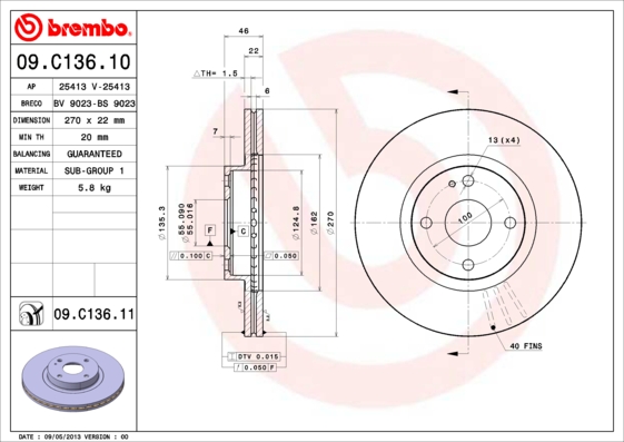 Juego de 2 discos de frenos BREMBO 09.C136.11